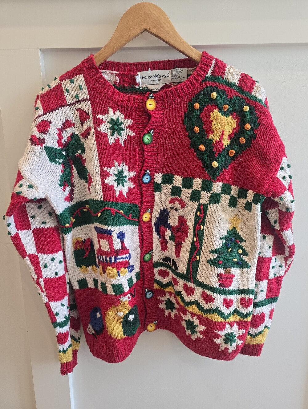 Vintage The Eagle's Eye Red Christmas Hand Knit Cardigan Size Small